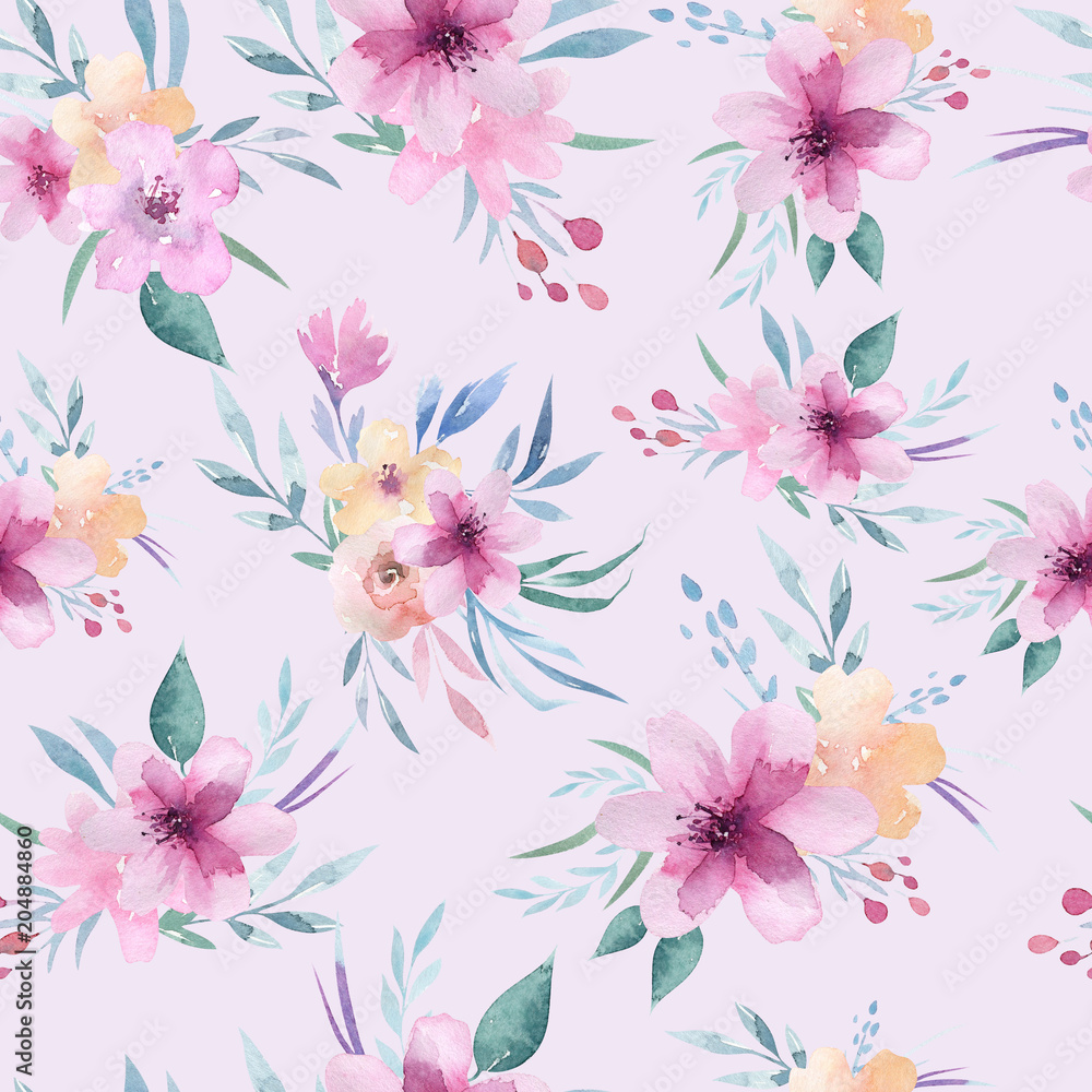 Watercolor floral pattern. Seamless pattern with purple, gold and pink bouquet on white background. Flowers, roses, peonies and leaves