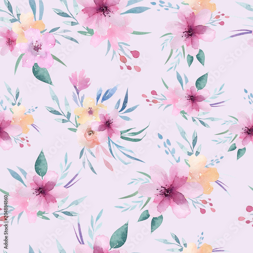 Fototapeta Naklejka Na Ścianę i Meble -  Watercolor floral pattern. Seamless pattern with purple, gold and pink bouquet on white background. Flowers, roses, peonies and leaves