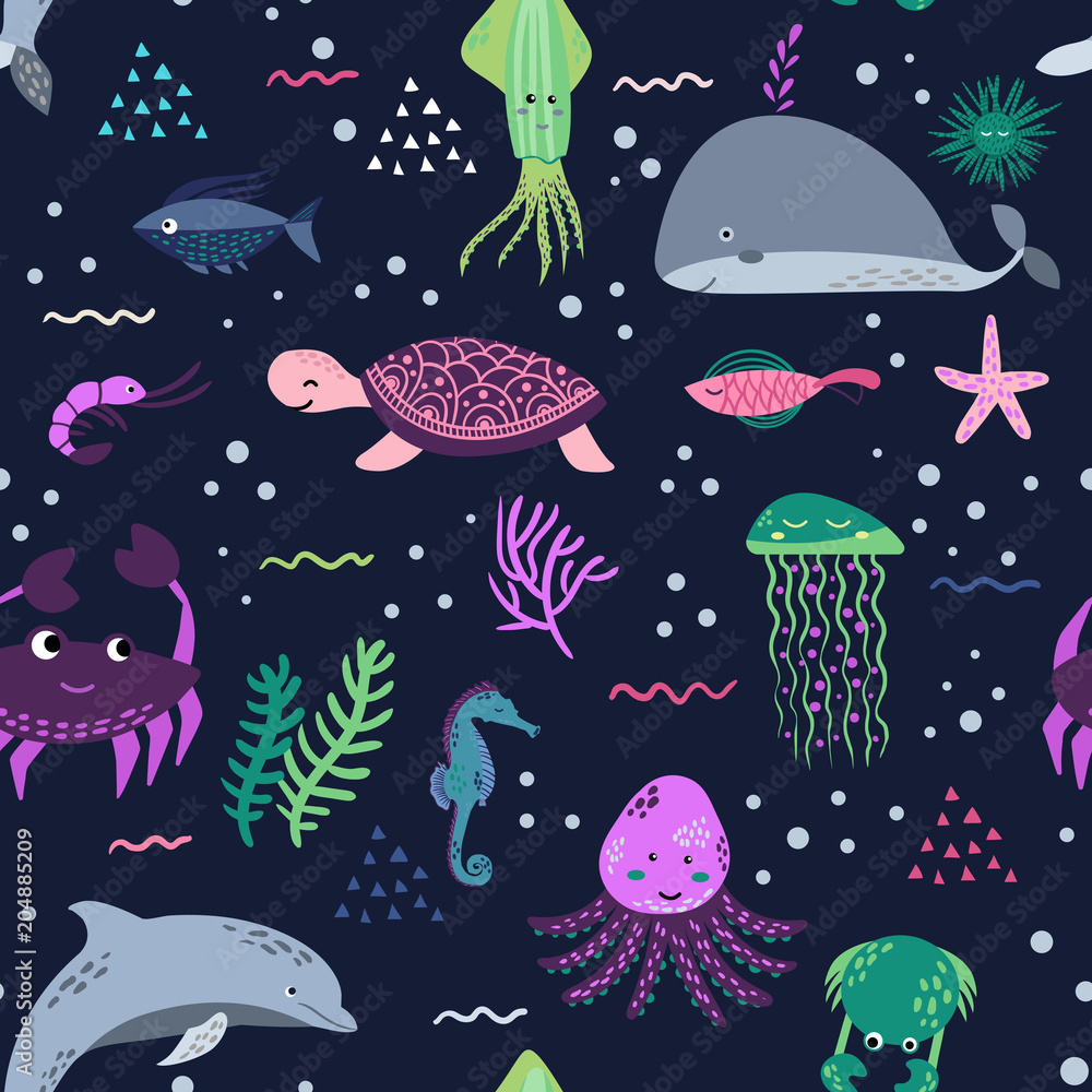 Sea life. Underwater world. Fish, jellyfish, sea bottom, backwaters