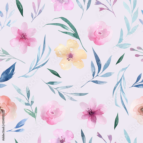 Watercolor floral pattern. Seamless pattern with purple  gold and pink bouquet on white background. Flowers  roses  peonies and leaves