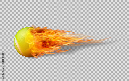Realistic vector Tennis ball in fire on transparent background.