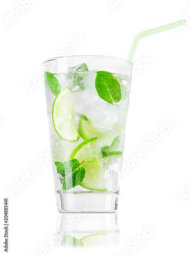 glass of cold lemonade with straw isolated on white