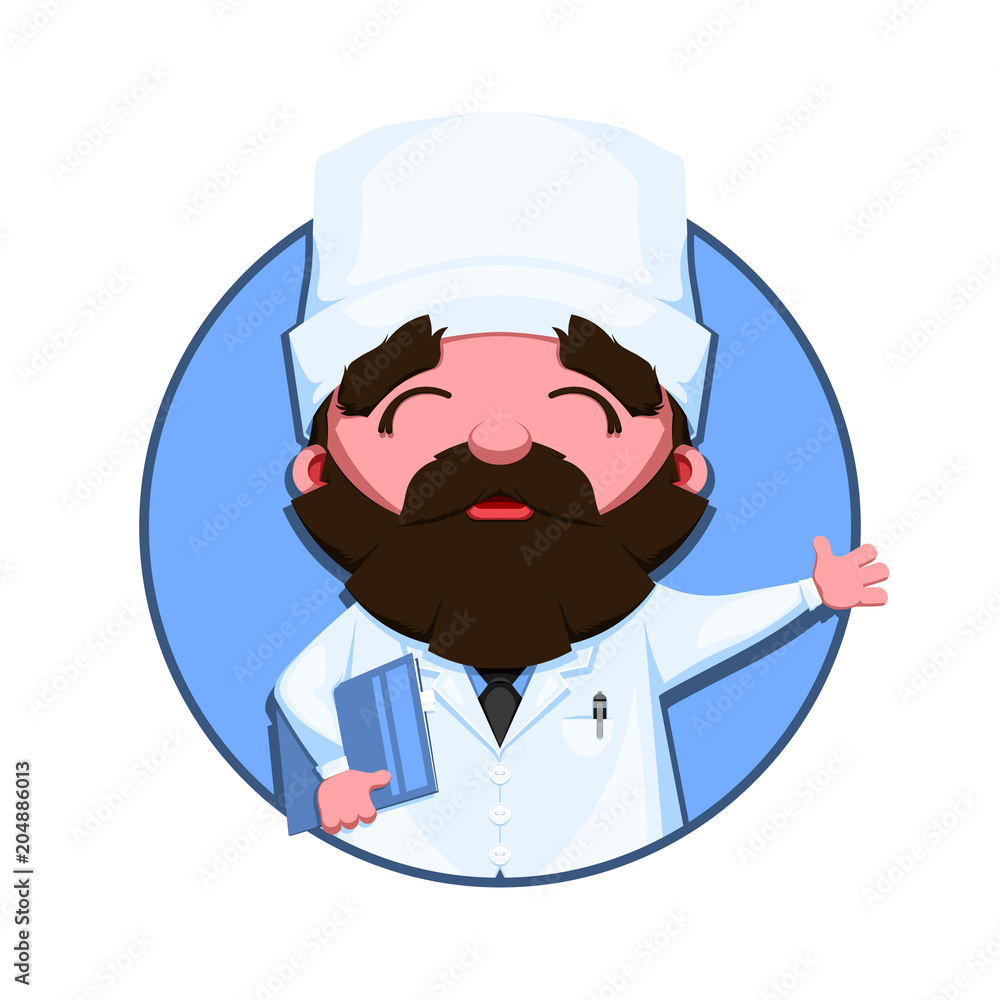 Portrait of medical person with a folder for user profile picture. Avatar icon of the doctor isolated on white background. Cartoon vector illustration.