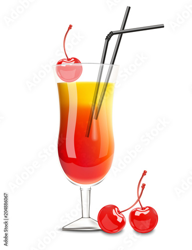 Cocktail glass Vector realistic. Cherry and orange summer drinks