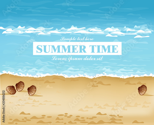 Beach shore summer card Vector. Waves, blue sea and Sand backgrounds