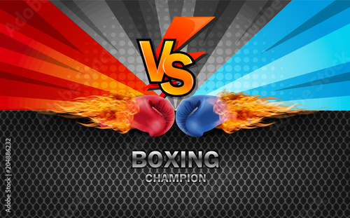 Boxing gloves Red and Blue in fire hitting together isolated on red and blue fighting background, vector illustration.