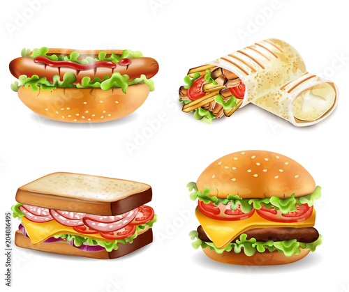 Burger, sandwich, hot dog and wrap Vector. Realistic set collections