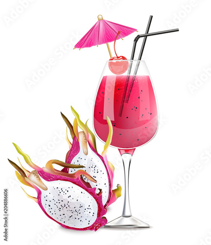 Dragon fruit cocktail Vector. Realistic summer drink tropic juices