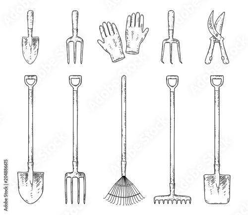 hand drawn garden tools set