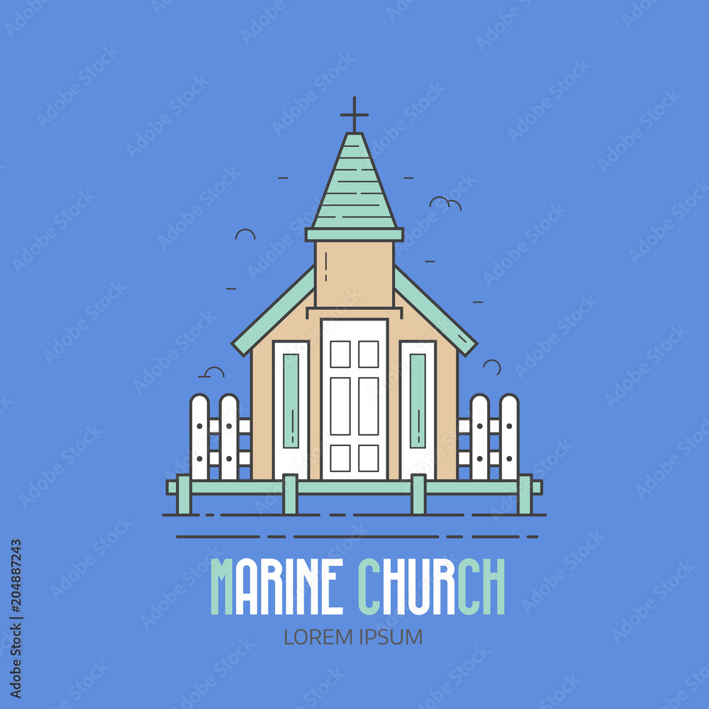 Marine church logo or label template in linear style. Sea chapel logotype in thin line design. Traditional sailor kirk icon.