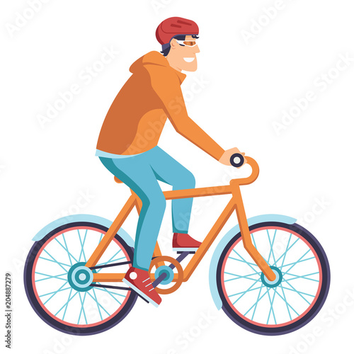 Man on bicycle driving with helmet and glasses. Modern cyclist guy riding city bike.