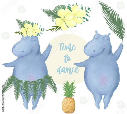 Hippo Dancing Cute art animal hawaiian hippopotamus digital drawing color summer time Tropical Fruits Flowers Floral element greeting celebration card illustration geometric bounquet white background photo