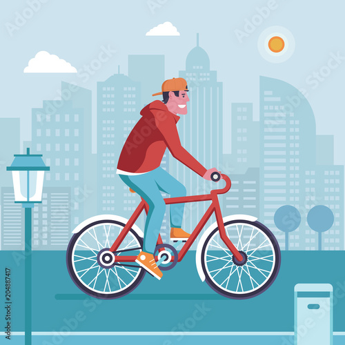 Smiling man on bicycle driving on modern city background. Cyclist guy riding red bike on the road. City bike rental service concept illustration with bicyclist driving on downtown.