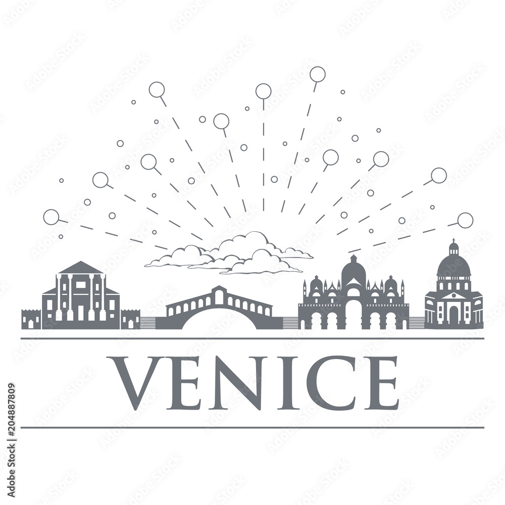 Panorama of the badges, icons, symbols of Italy. Objects are noble gray color. City of Venice.