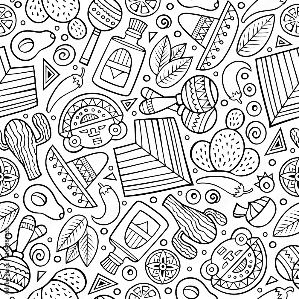 Naklejka premium Cartoon hand-drawn latin american, mexican seamless pattern