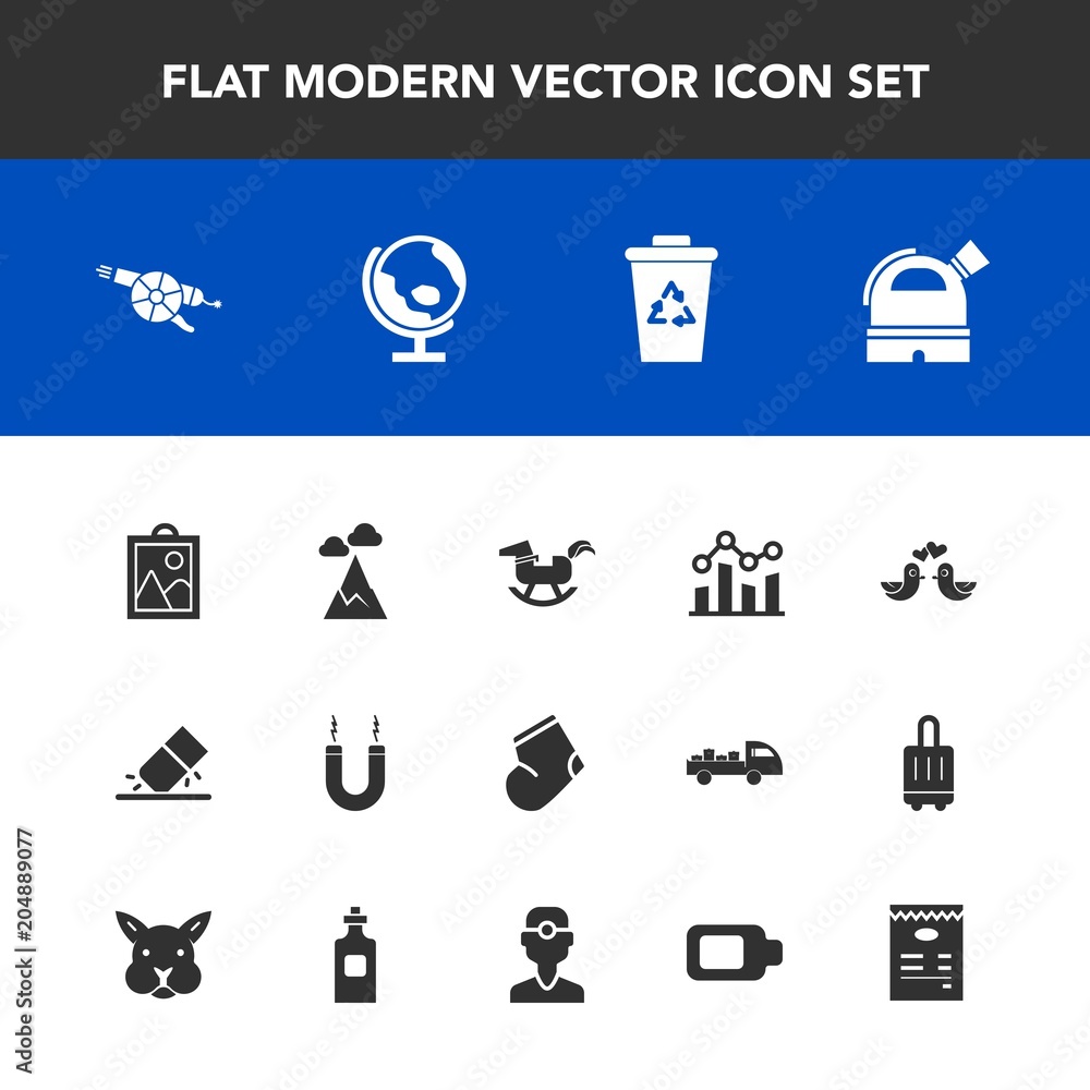 Modern, simple vector icon set with weapon, image, garbage, military, globe, dove, finance, observatory, landscape, trend, waste, graph, magnetic, gun, horse, chart, toy, winter, energy, clothes icons