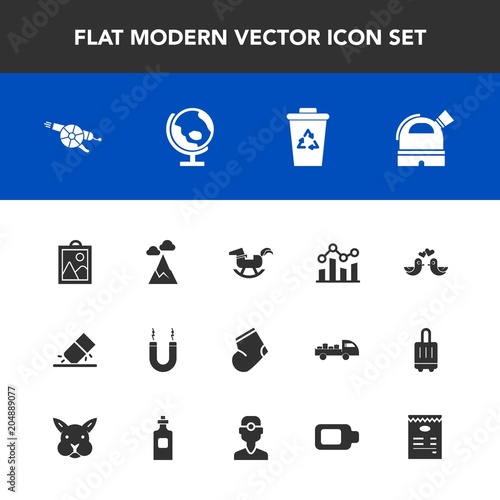 Modern, simple vector icon set with weapon, image, garbage, military, globe, dove, finance, observatory, landscape, trend, waste, graph, magnetic, gun, horse, chart, toy, winter, energy, clothes icons