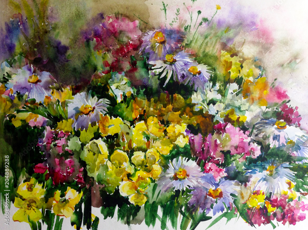 Obraz Streszczenie jasne kolorowe tło dekoracyjne. Kwiatowy wzór ręcznie robiony. Piękny delikatny romantyczny letni bukiet kwiatów, wykonany w technice akwarel z natury.