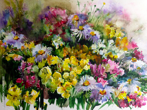 Obraz na płótnie Streszczenie jasne kolorowe tło dekoracyjne. Kwiatowy wzór ręcznie robiony. Piękny delikatny romantyczny letni bukiet kwiatów, wykonany w technice akwarel z natury.