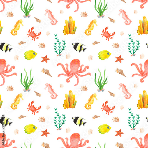 Seamless pattern with marine inhabitants. Marine watercolor background with fish  seaweed  seahorses  octopus  crab  sea star  seashells. Suitable for postcards  invitations  wallpapers  scrap.