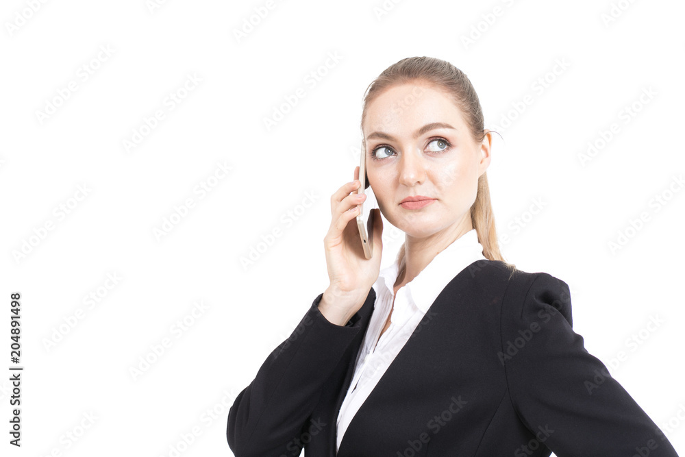 Businesswoman holding smartphone for communication business, online business, cash back with smile isolated on white background. Businesswoman holding smartphone for communication business, online business, cash back with smile isolated on white background.