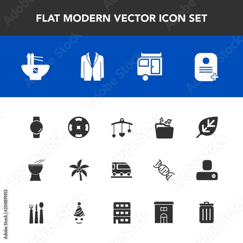 Modern, simple vector icon set with leaf, baby, smart, natural, bed, noodle, transport, travel, musical, van, newborn, summer, time, palm, watch, music, nature, recycling, toy, suit, business icons