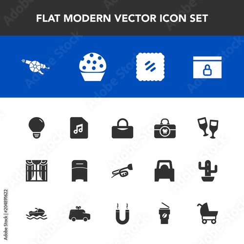 Modern, simple vector icon set with doughnut, furniture, music, bed, stamp, clean, food, gun, note, curtain, wine, bulb, internet, double, post, trumpet, weapon, alcohol, sound, window, red, bag icons