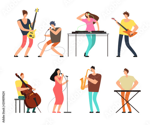 Music band musicians with musical instruments playing music on stage vector set isolated