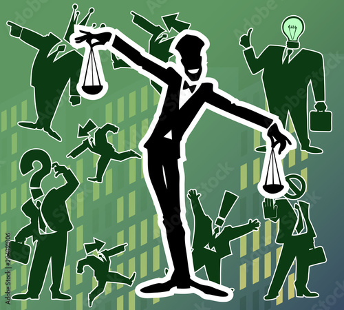 Cartoon set of funny and awesome team of amazing business characters in silhouette