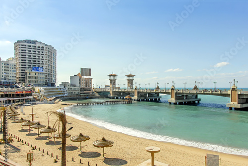 Alexandria, Egypt, View of Alexandria harbor, hotels and beach