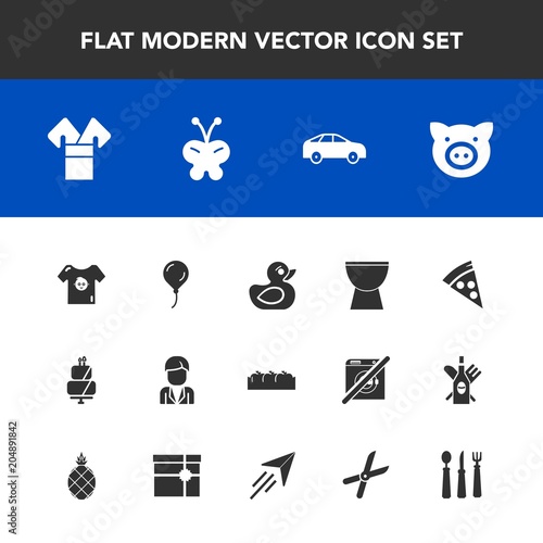 Modern, simple vector icon set with toy, box, decoration, fruit, child, music, costume, male, clothes, direction, move, pizza, swine, boy, duck, healthy, animal, play, kimono, bus, pie, dessert icons