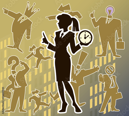 Cartoon set of funny and awesome team of amazing business characters in silhouette