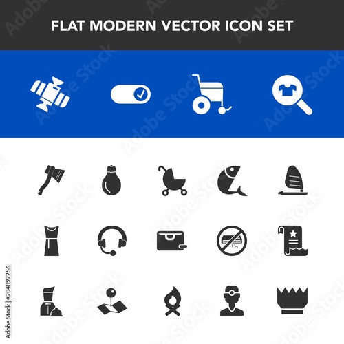 Modern, simple vector icon set with wind, bulb, orbit, woman, audio, tool, female, light, ocean, music, crown, idea, carriage, bag, white, pram, planet, handicap, food, sound, child, power, axe icons