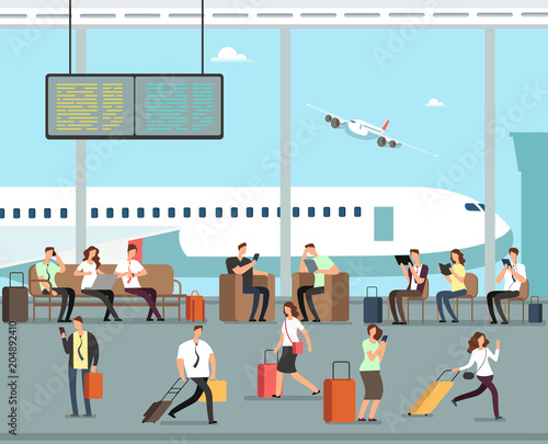 Business people with luggage at airport vector travel concept