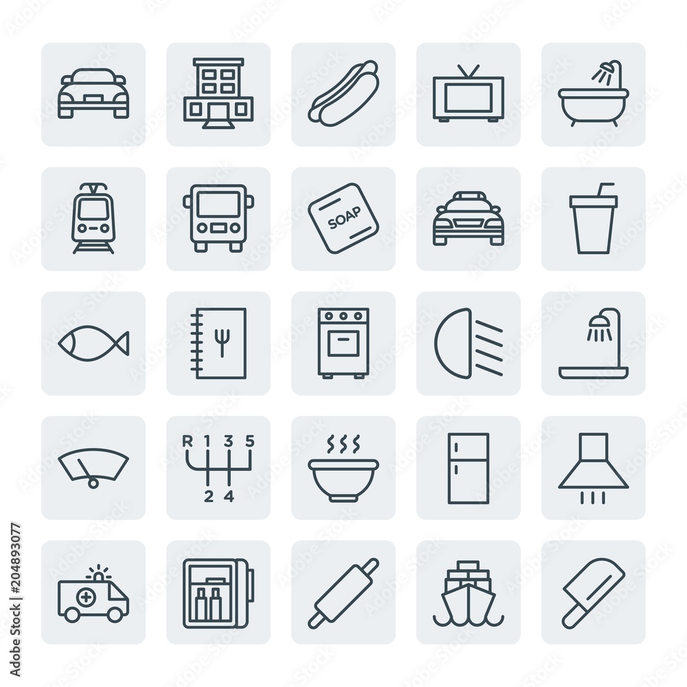 Moder Simple Set of transports, food, hotel Vector outline Icons. Contains such Icons as  tool,  recipe, kitchen,  vessel,  interior,  tv and more on white background. Fully Editable. Pixel Perfect.