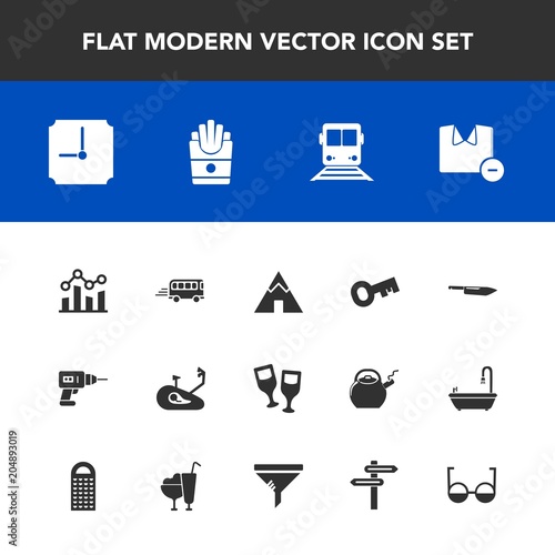 Modern, simple vector icon set with travel, male, alcohol, equipment, key, hand, bus, camp, transport, knife, drink, food, trend, transportation, man, machine, time, outdoor, drill, adventure icons