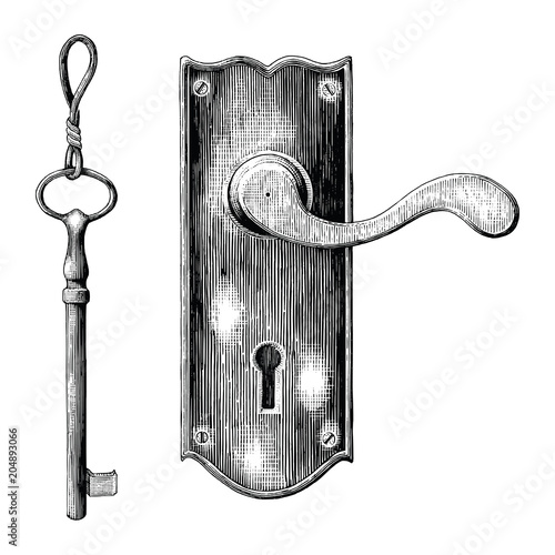 Vintage latch and key hand drawing engraving style
