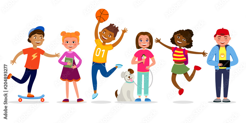 Funny children cartoon characters vector illustration in flat design. Girls  and boys doing activities, walking, jumping, having fun. Kids different  races isolated on white background. Stock Vector | Adobe Stock