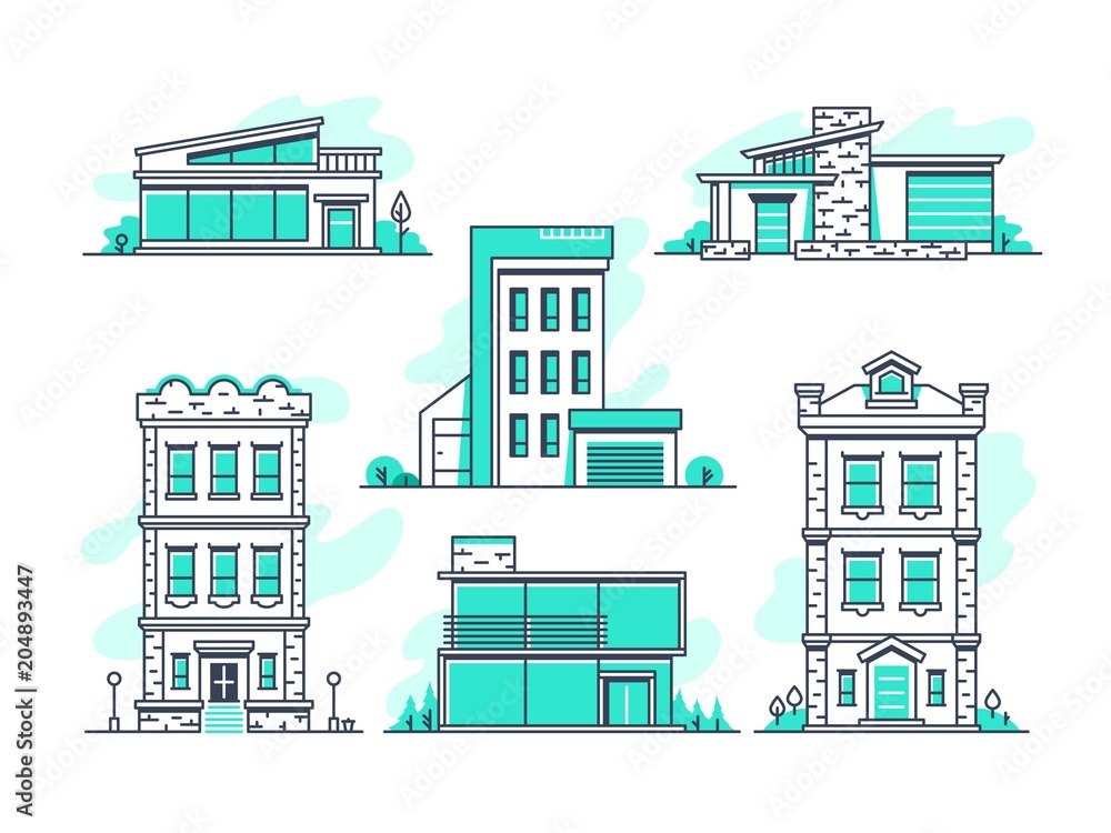 Houses and buildings property and accommodation line icons. Modern architecture outline symbos isolated