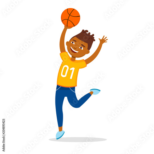 Cheerful boy playing basketball and jumping vector flat illustration isolated on white background. Cute Afro American basketball player having fun.