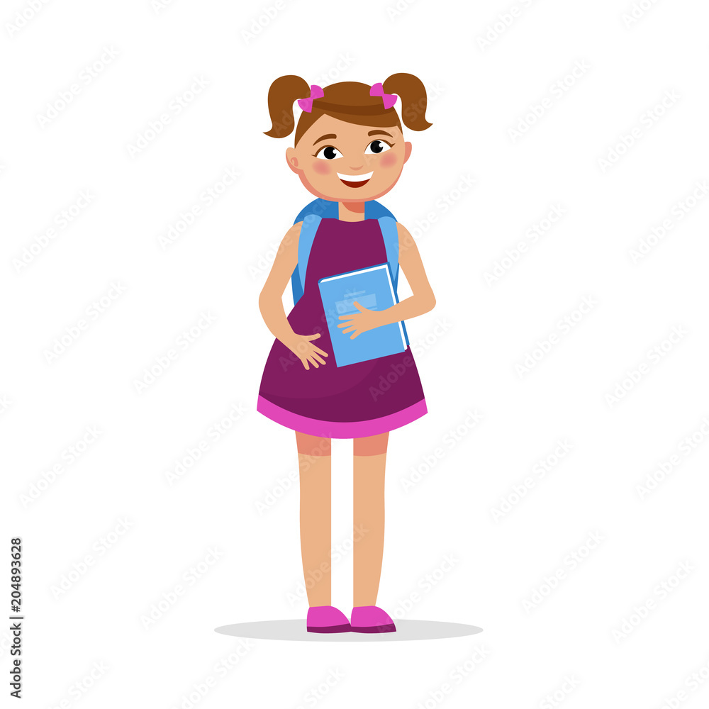 Cute girl with pigtails in dress with a book and backpack isolated on white background. Cheerful student girl in flat design. Cute girl with pigtails in dress with a book and backpack isolated on white background. Cheerful student girl in flat design.