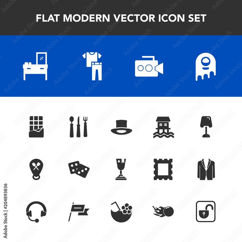Modern, simple vector icon set with location, fashion, ufo, fork, food, houseboat, hat, video, place, collection, camera, table, clothes, spoon, furniture, alien, first, security, shirt, dessert icons Modern, simple vector icon set with location, fashion, ufo, fork, food, houseboat, hat, video, place, collection, camera, table, clothes, spoon, furniture, alien, first, security, shirt, dessert icons