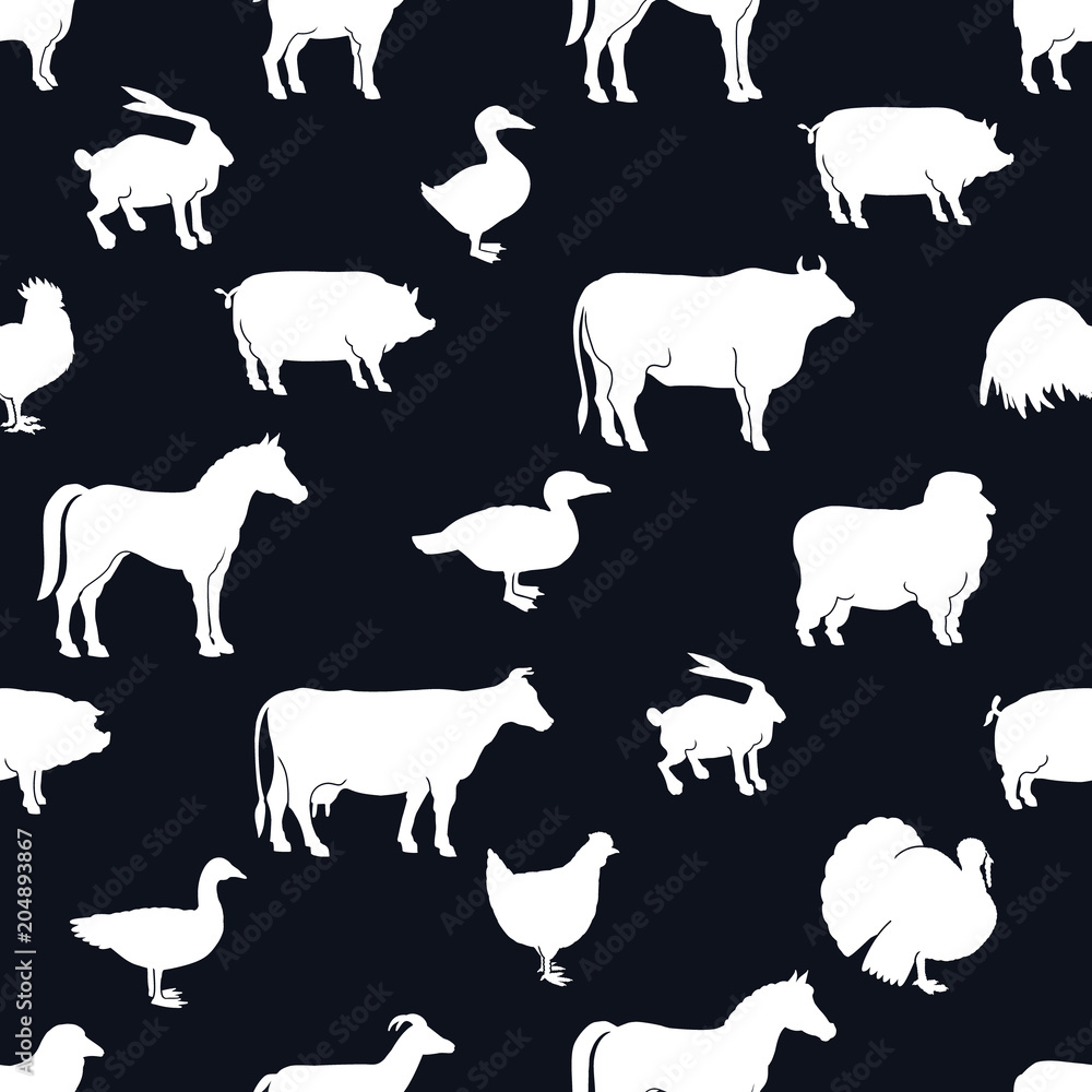 Vector farm animals and poultry background. Black and white ...