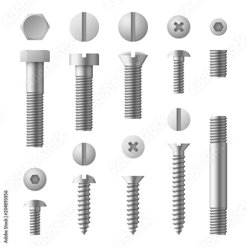 Realistic 3d metal bolts, nuts, rivets and screws isolated vector set