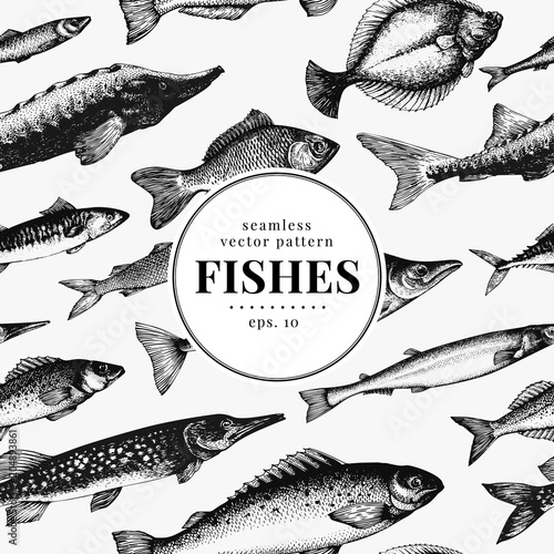 Fish seamless vector pattern. Can be use for restaurants, packaging, emblem, vector image. Vintage illustration. Banner template.