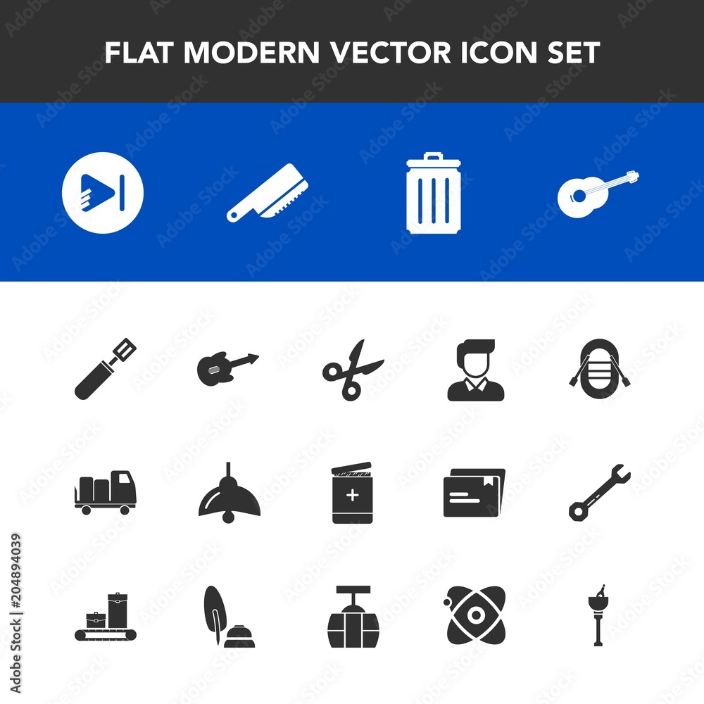 Modern, simple vector icon set with boy, lamp, bucket, video, bin, guitar,  musical, cosmos, drink, ice, recycling, media, bulb, trash, knife,  sailboat, music, travel, table, cut, wine, male, pan icons Stock Vector