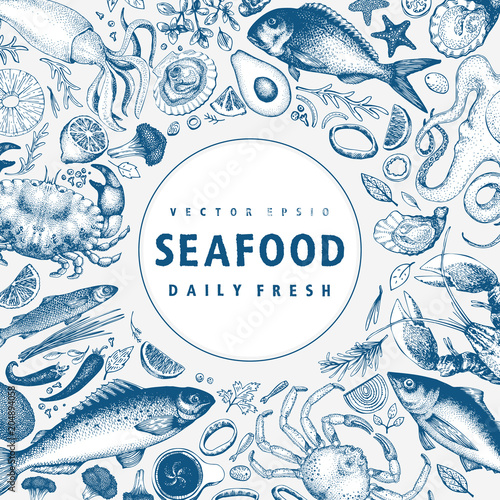 Seafood vector frame illustration. Can be use for restaurants menu, cover, packaging. Vintage hand drawn banner template. Retro background.