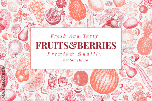 Fruits and berries hand drawn vector illustration. Retro engraved style design. Can be use for menu, label, packaging, farm market products.