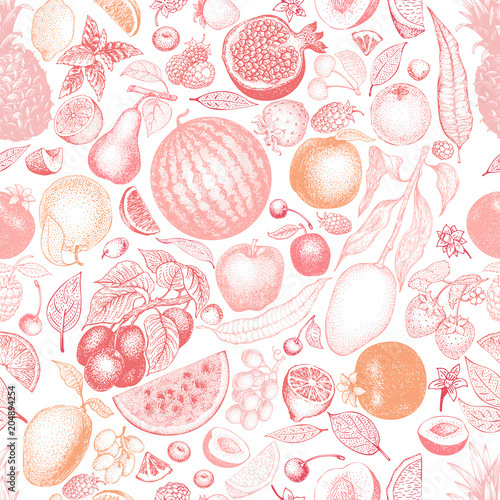 Fruits and berries hand drawn vector seamless pattern. Retro engraved style background. Can be use for menu, label, packaging, farm market products.