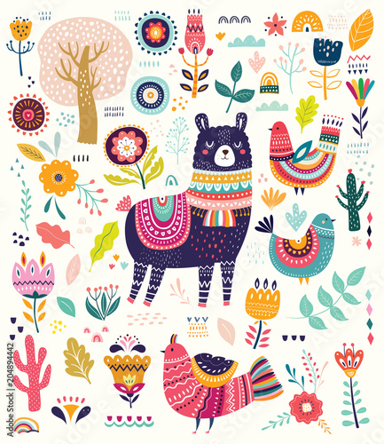 Decorative illustration with llama and other elements